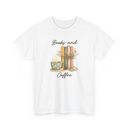Books and Coffee T-Shirt — Cozy Reading Tee with Cup & Stacked Books