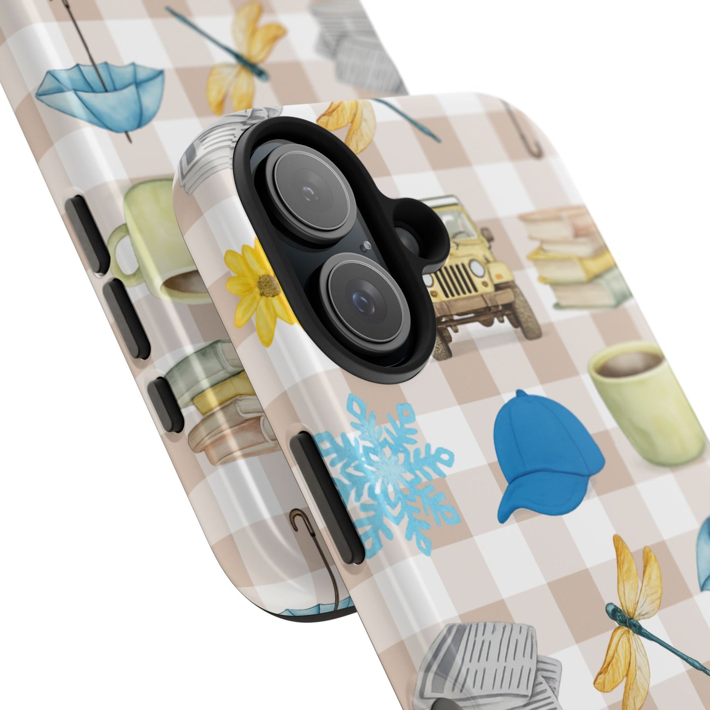Floral Plaid Tough Phone Case — Coffee, Jeep & Cozy Icons Protective Cover