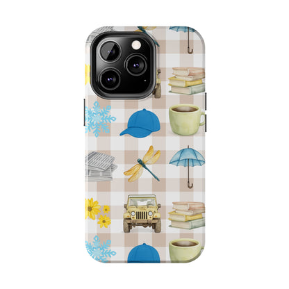 Floral Plaid Tough Phone Case — Coffee, Jeep & Cozy Icons Protective Cover