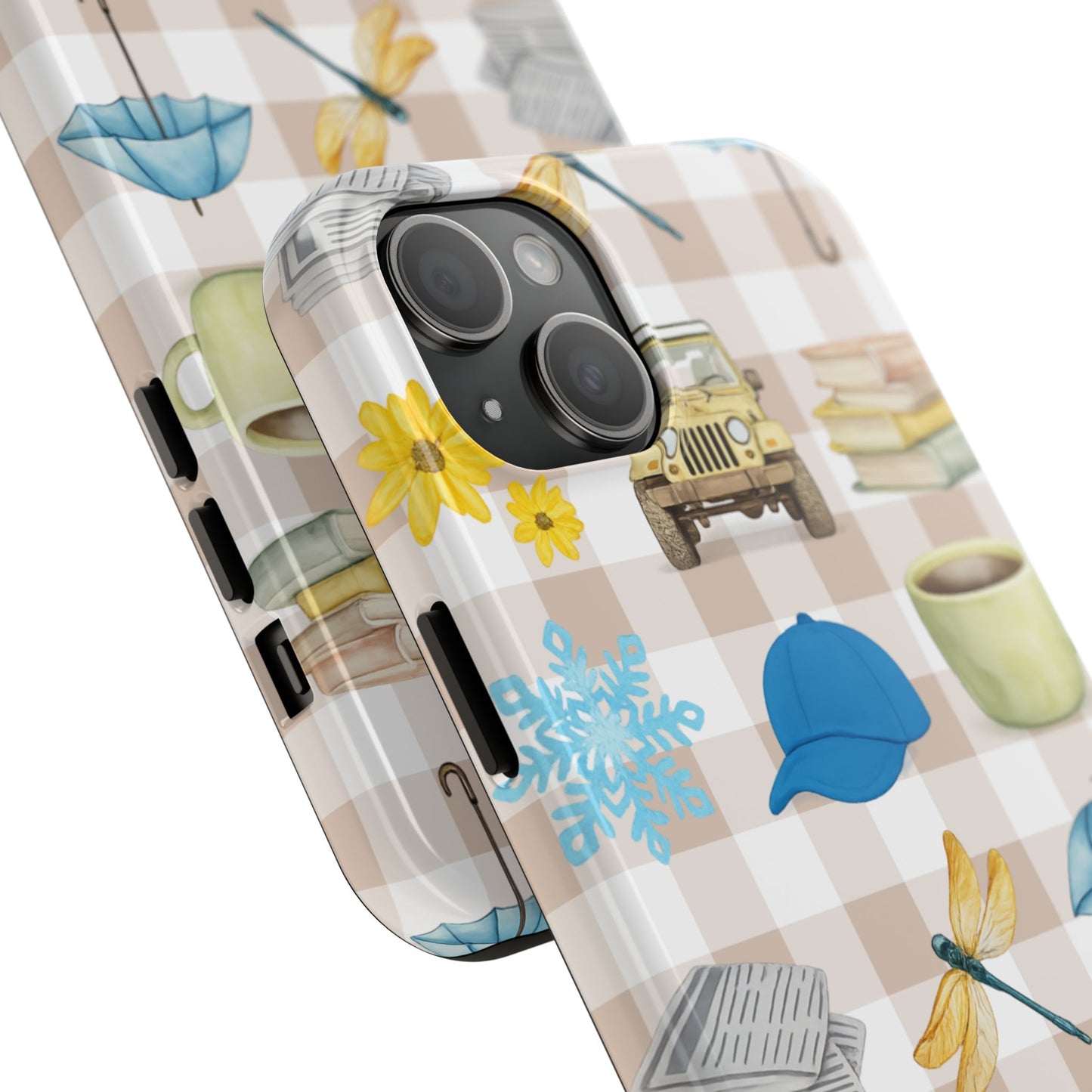 Floral Plaid Tough Phone Case — Coffee, Jeep & Cozy Icons Protective Cover