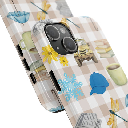Floral Plaid Tough Phone Case — Coffee, Jeep & Cozy Icons Protective Cover