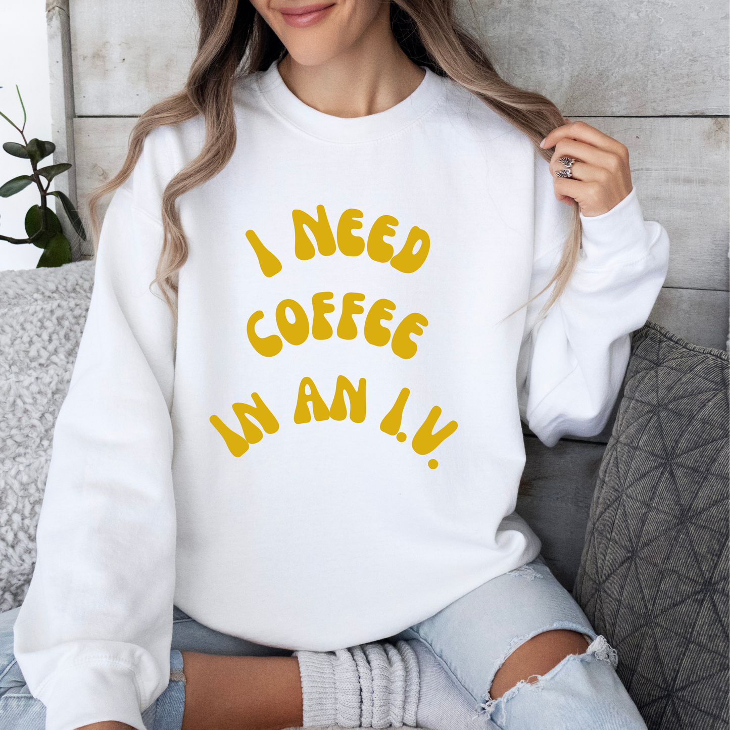 I Need Coffee in an IV Crewneck Sweatshirt-Gilmore Girls Coffee Apparel
