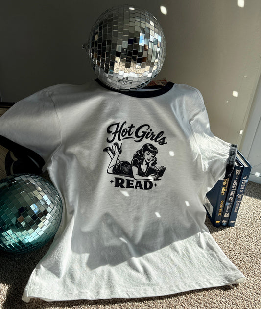 Hot Girls Read Retro Ringer Tee — Vintage Pinup Book Lover Shirt