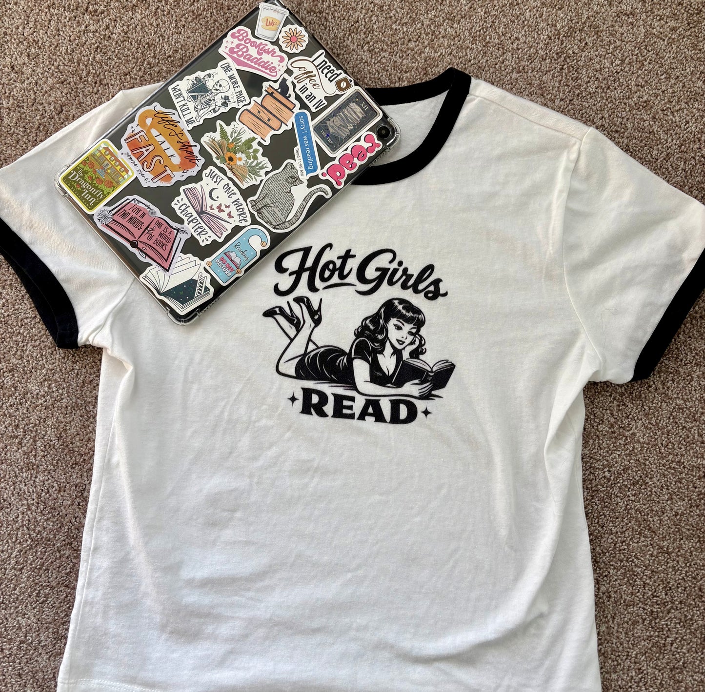 Hot Girls Read Retro Ringer Tee — Vintage Pinup Book Lover Shirt