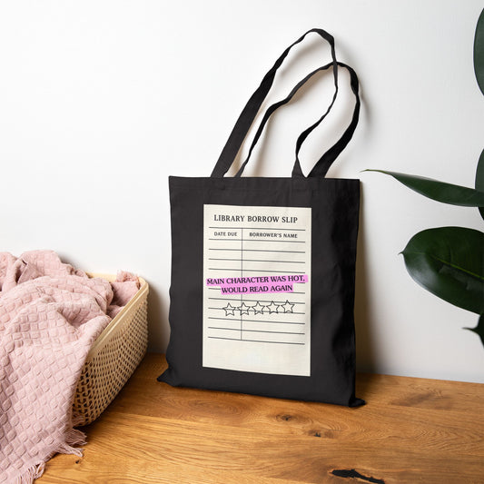 Library Borrow Slip Tote Bag — "Main Character Was Hot" Vintage Booklover Canvas Tote